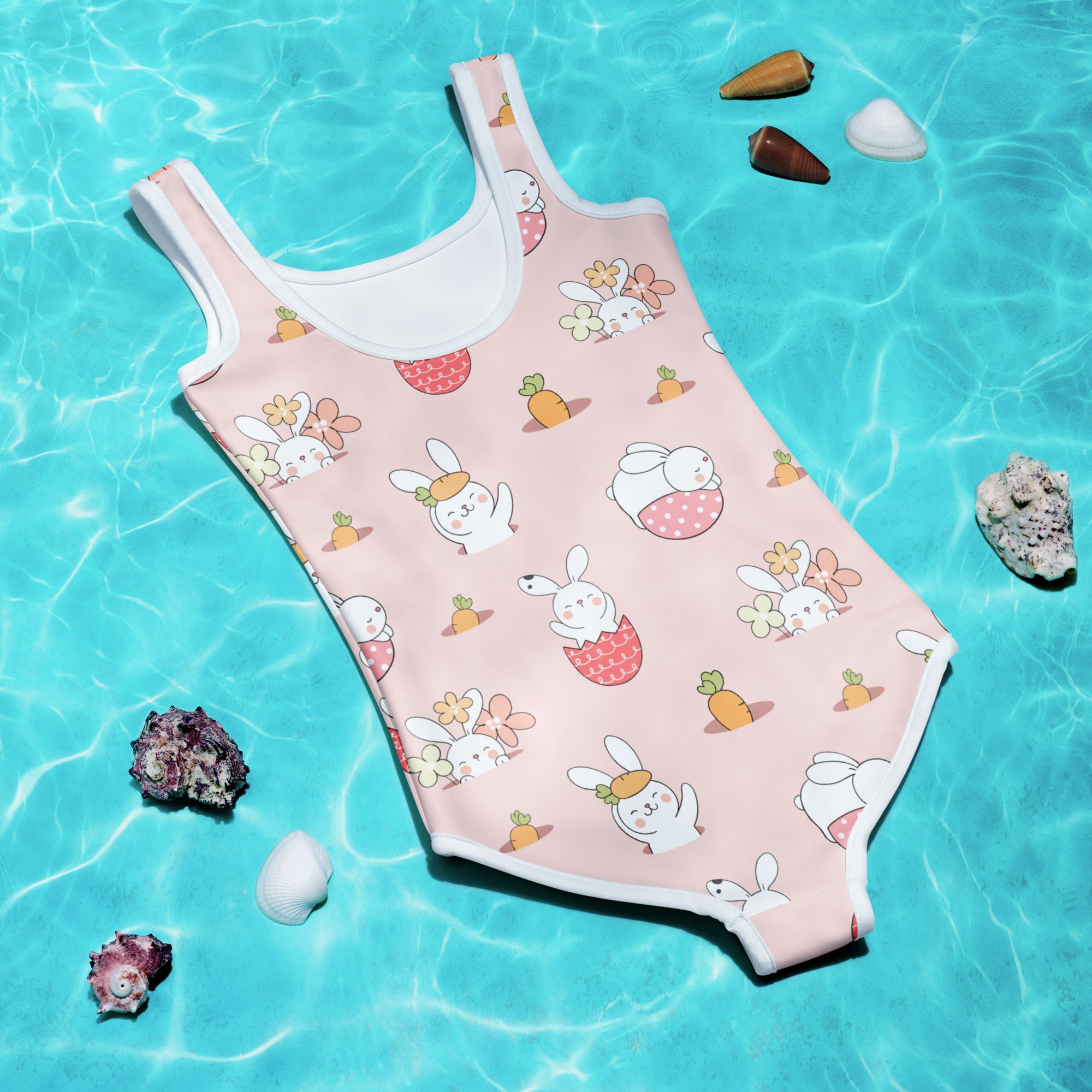 Girls Easter bunny pattern buttery soft pink one-piece swimsuit with white trim and UPF 50 plus sun protection