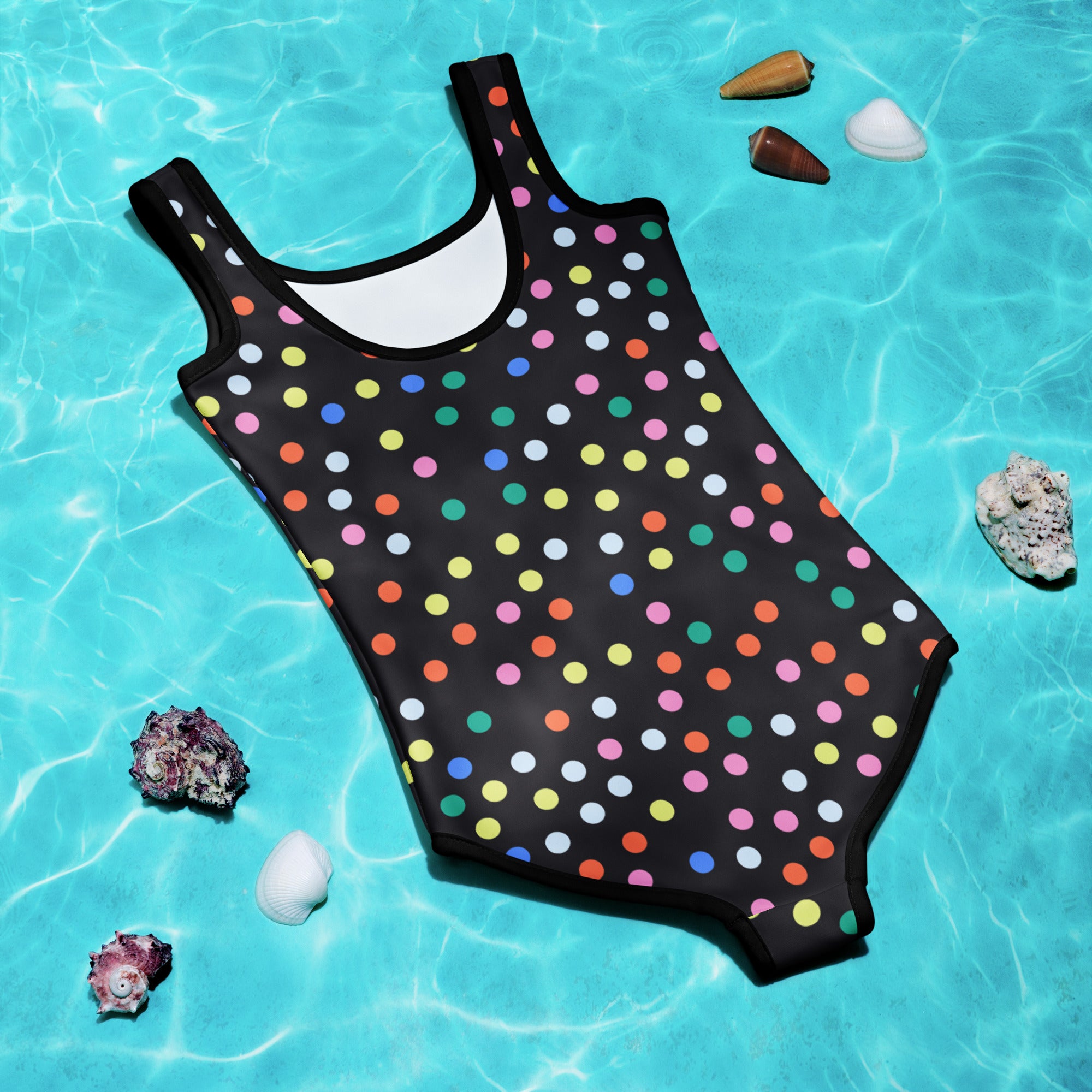 Girls confetti dots buttery soft girls swimsuit with upf 50 plus black one piece colorful polka dot pattern