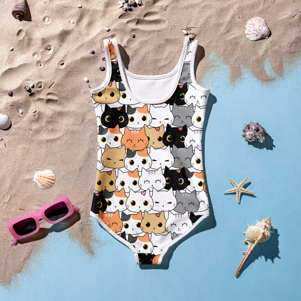 Girls cat themed custom age white one-piece swimsuit with colorful cartoon cat patterns for birthday celebration