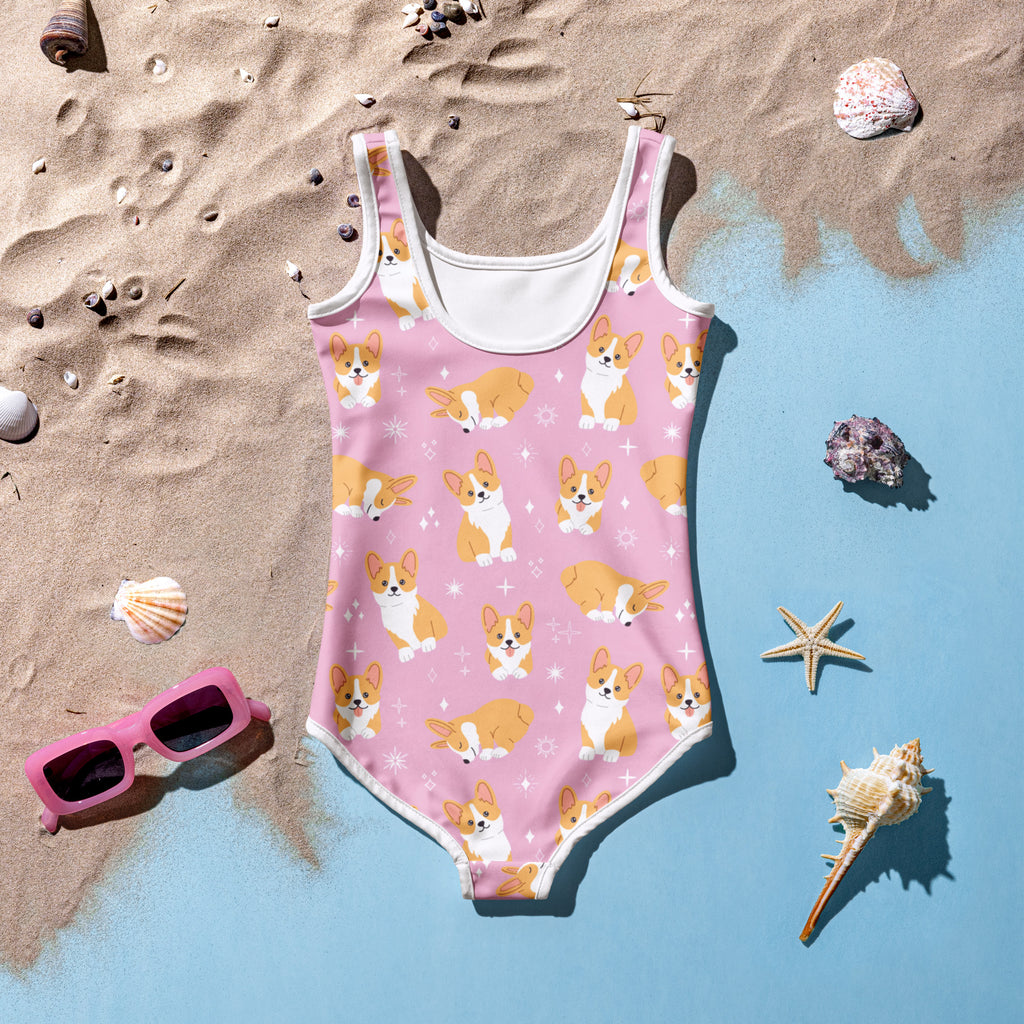 Girls Pink Corgi Dog Buttery Soft Swimsuit With UPF 50+
