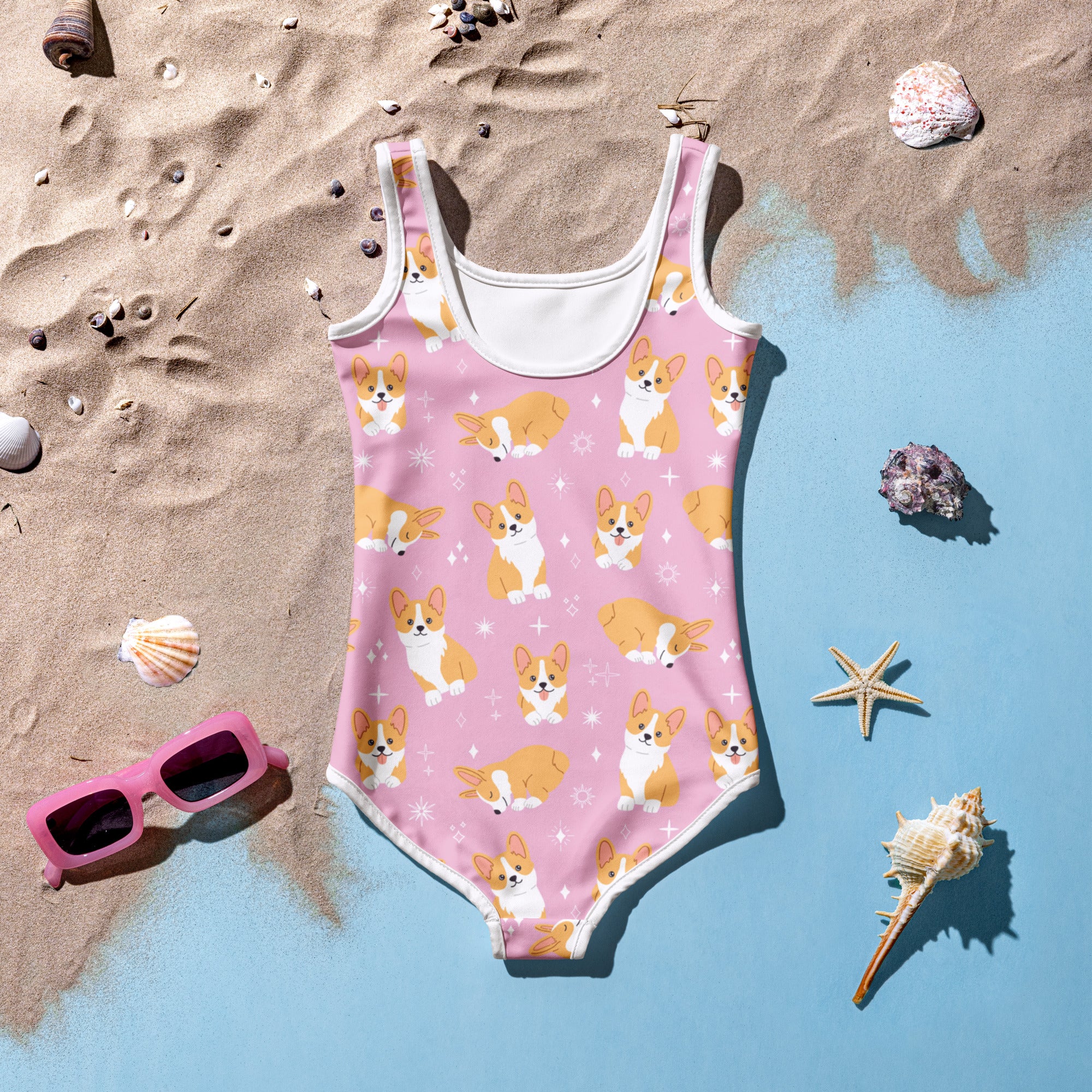 Girls Pink Corgi Dog Buttery Soft Swimsuit With UPF 50+