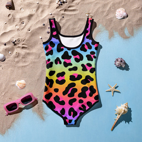 Girls cheetah themed custom age it’s my birthday rainbow one-piece swimsuit with vibrant leopard print and white lining