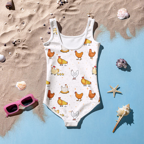 Girls chicken themed custom age white one-piece swimsuit with playful orange and yellow chicken and chick pattern