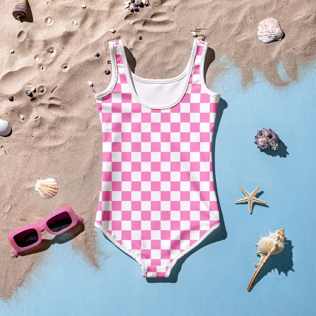 Girls Pink Checkerboard Buttery Soft Swimsuit With UPF 50+
