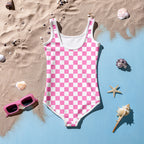Girls Pink Checkerboard Buttery Soft Swimsuit With UPF 50+