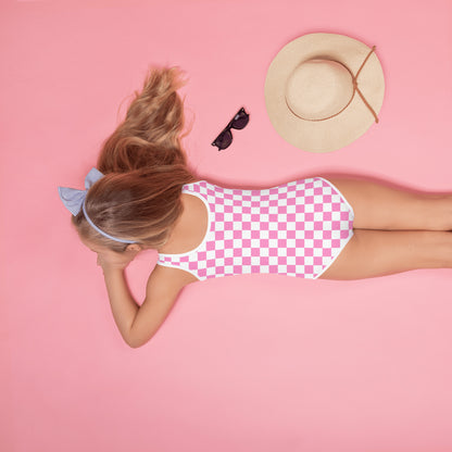 Girls Pink Checkerboard Buttery Soft Swimsuit With UPF 50+