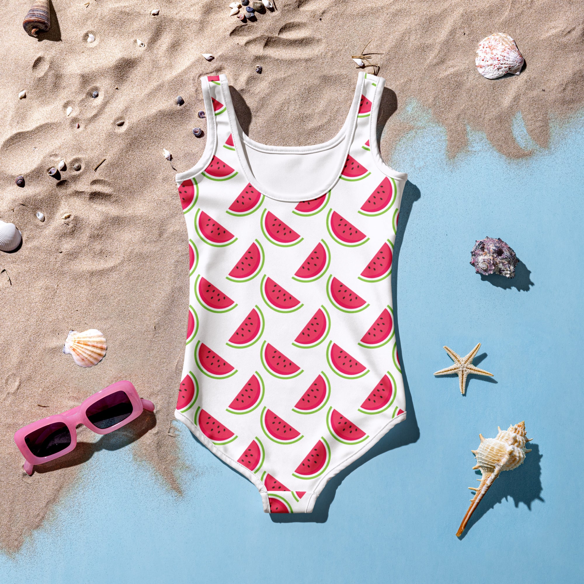 Girls watermelon buttery soft white one-piece swimsuit with vibrant red watermelon pattern and upf 50 plus protection