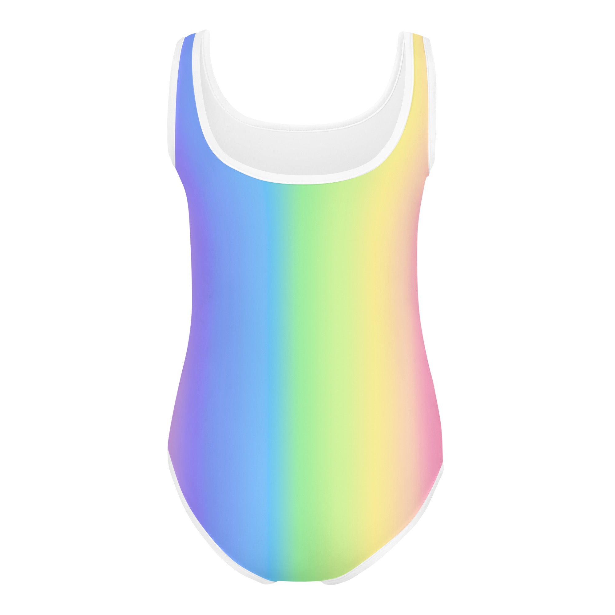 Girls custom rainbow ballerina buttery soft one-piece swimsuit with white trim quick drying for dance and gymnastics