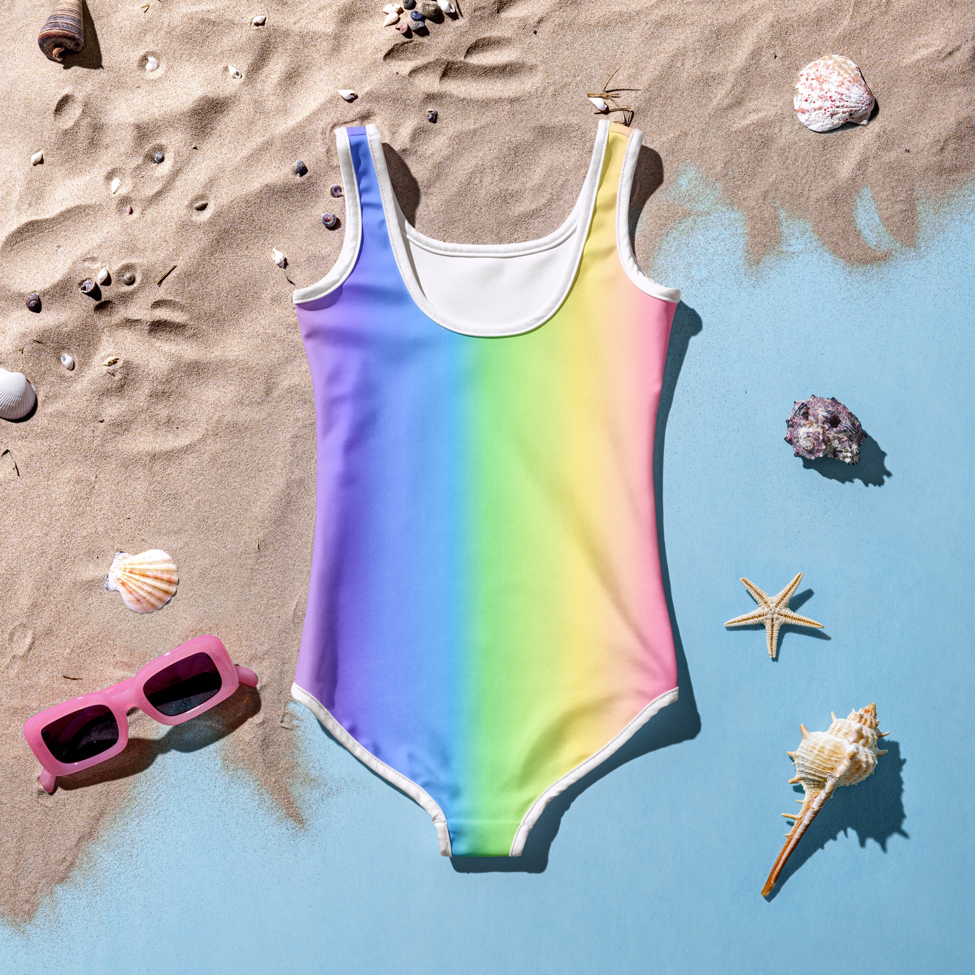 Girls Custom Name Ballerina Rainbow Swimsuit – Dance-Themed UPF 50+ Bathing Suit