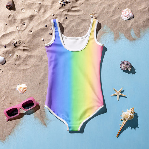 Girls custom name ballerina one-piece swimsuit with rainbow gradient and white trim for dance-themed swimwear