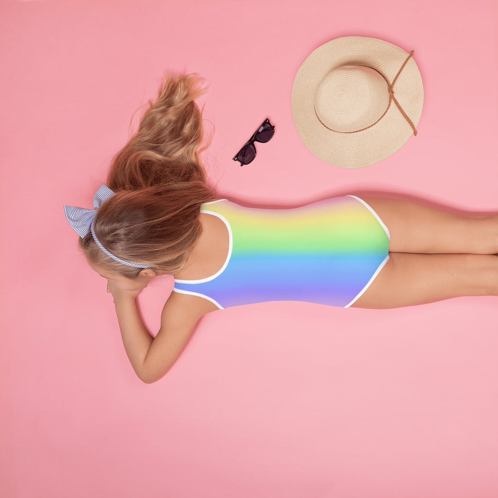 Girls custom name ballerina rainbow one-piece swimsuit with white trim and upf 50+ for dance-themed use