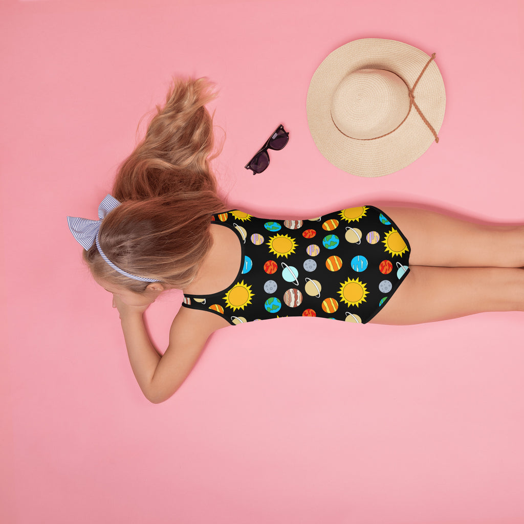 Black girls one-piece swimsuit with colorful suns and planets pattern buttery soft fabric and upf 50 protection