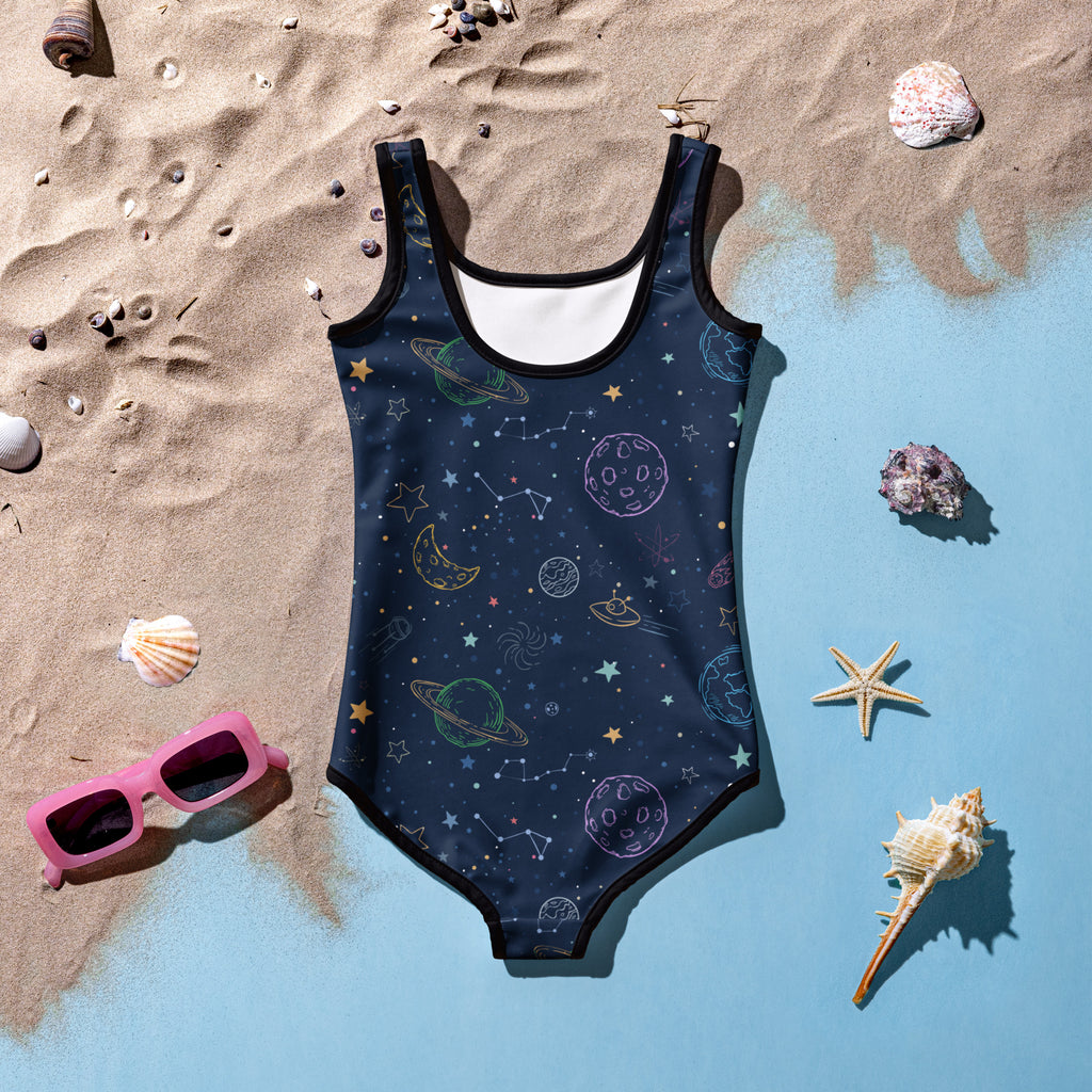 A navy blue girls solar system galaxy one-piece swimsuit with buttery soft fabric and UPF 50 plus protection