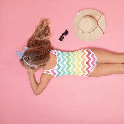 Girls Pastel Rainbow Chevron Buttery Soft Swimsuit With UPF 50+