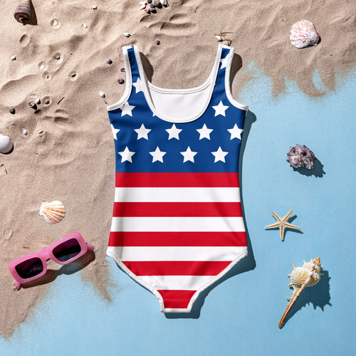Girls american flag buttery soft swimsuit with upf 50 plus featuring white stars on blue and red stripes with white trim