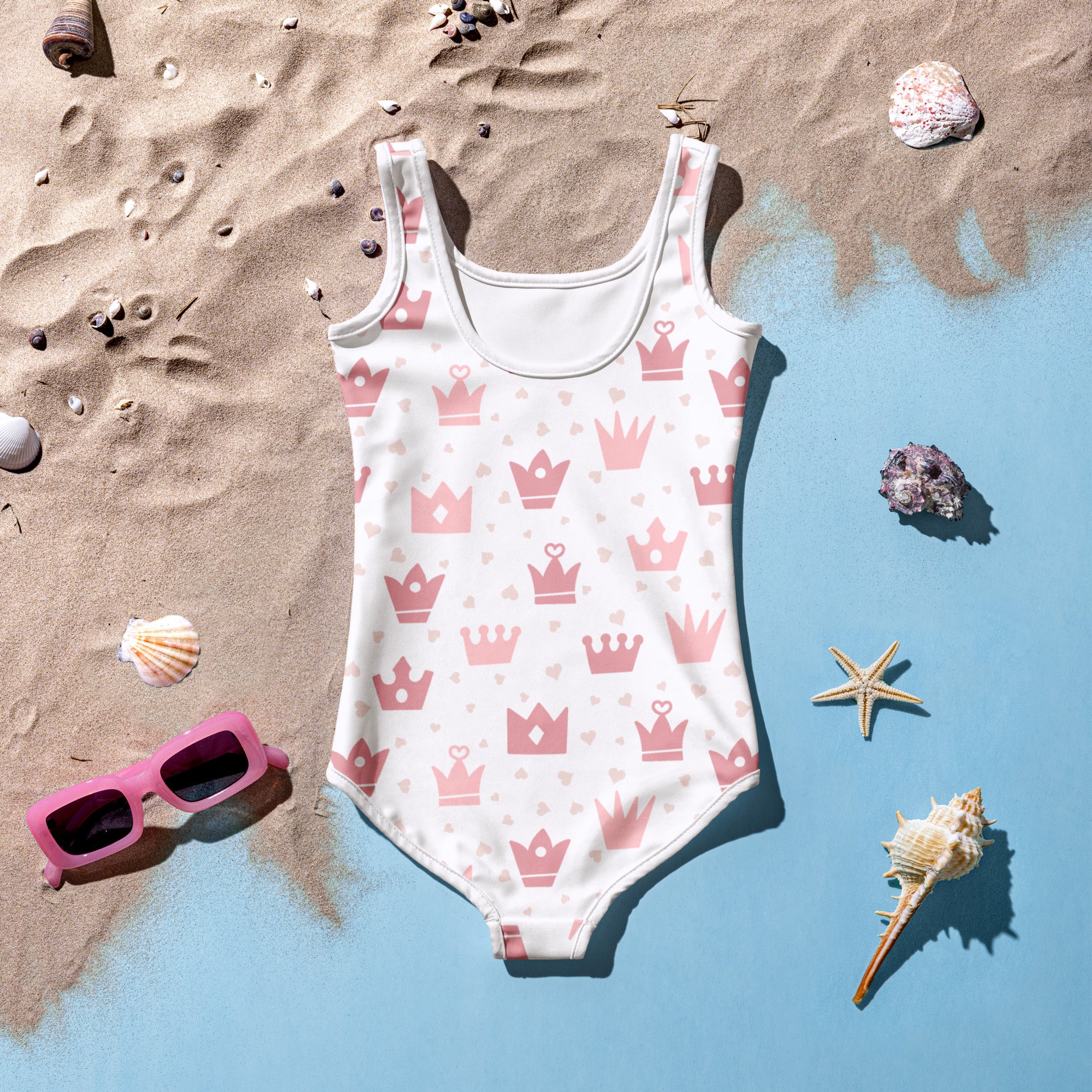 Girls princess crown buttery soft white one-piece swimsuit with pink crowns hearts pattern and UPF 50 plus protection