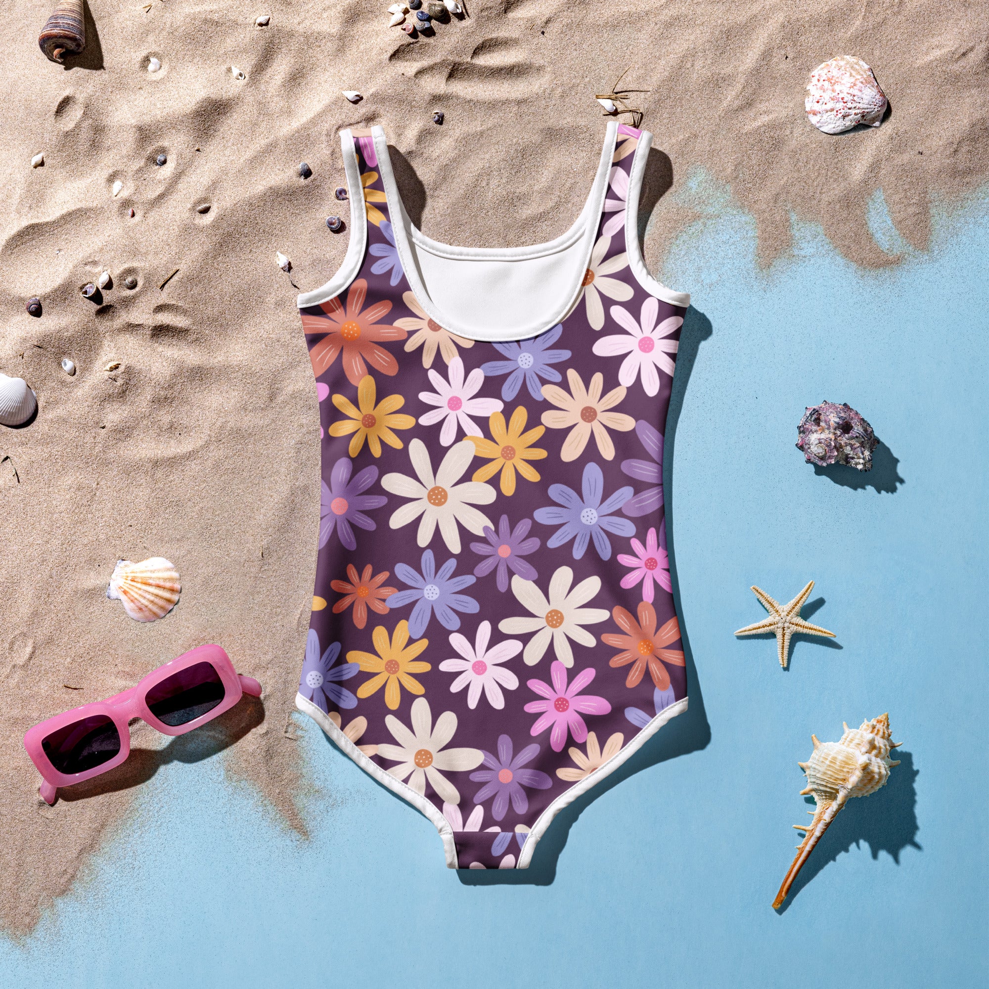 Girls retro floral buttery soft one-piece swimsuit with upf 50 plus purple base and colorful daisy patterns