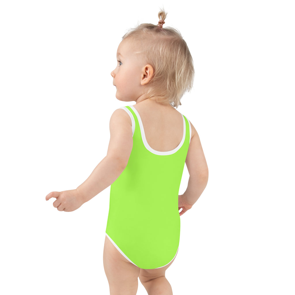 Bright neon green one-piece girls swimsuit with white trim made of buttery soft fabric and UPF 50 plus sun protection