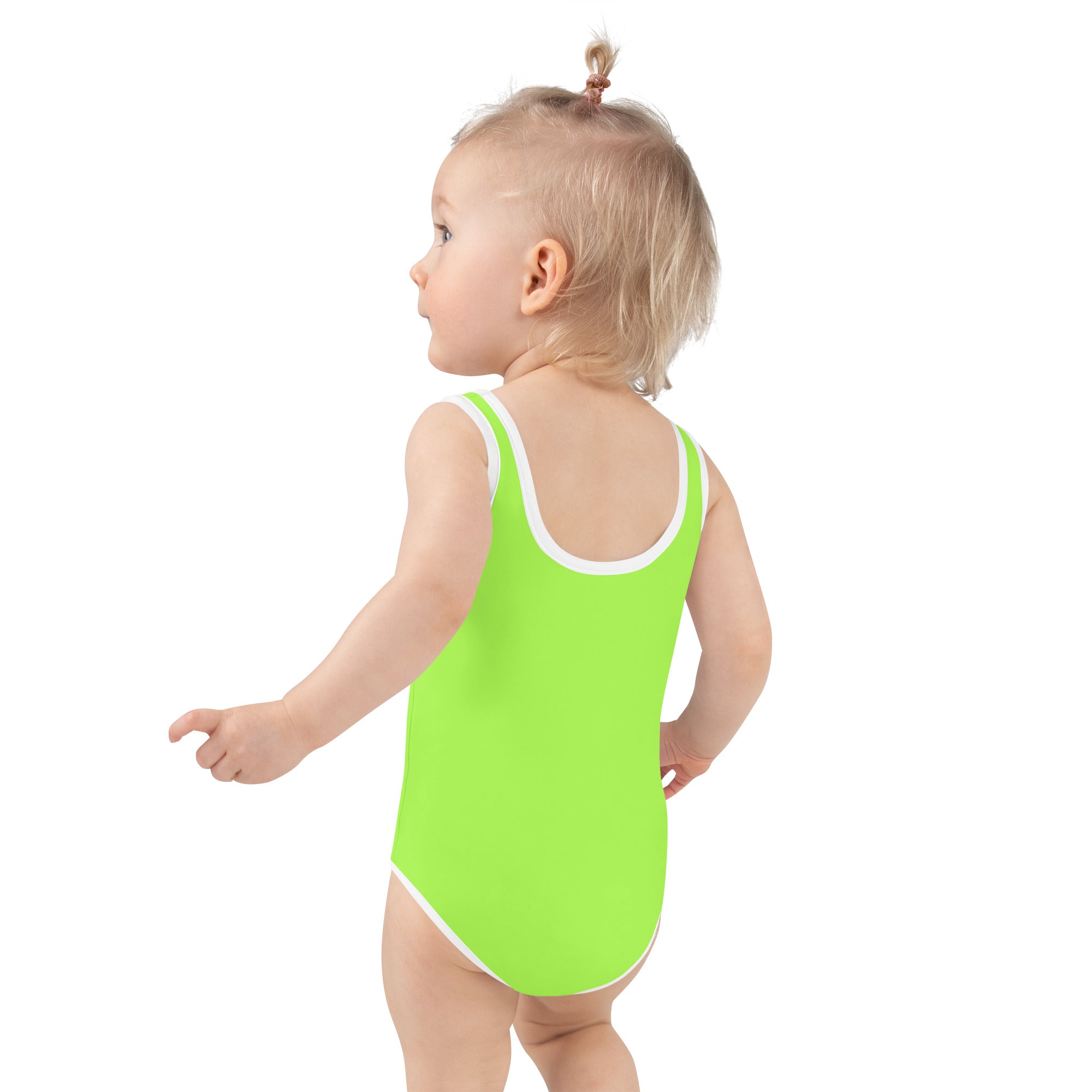 Bright neon green one-piece girls swimsuit with white trim made of buttery soft fabric and UPF 50 plus sun protection