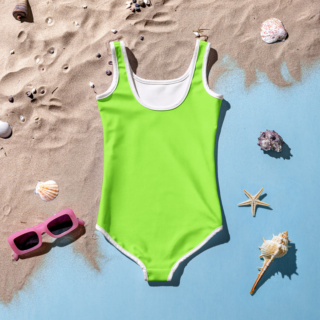 A vibrant lime green buttery soft girls one-piece swimsuit with white trim and UPF 50+ sun protection