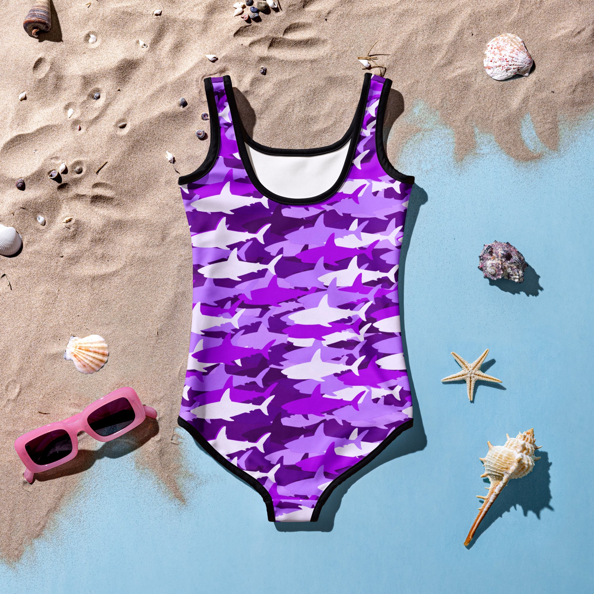 Girls Purple Shark Buttery Soft Swimsuit With UPF 50+