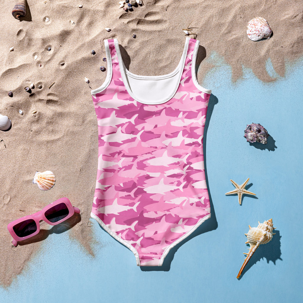 Girls pink shark buttery soft one-piece swimsuit with white trim and UPF 50 plus sun protection