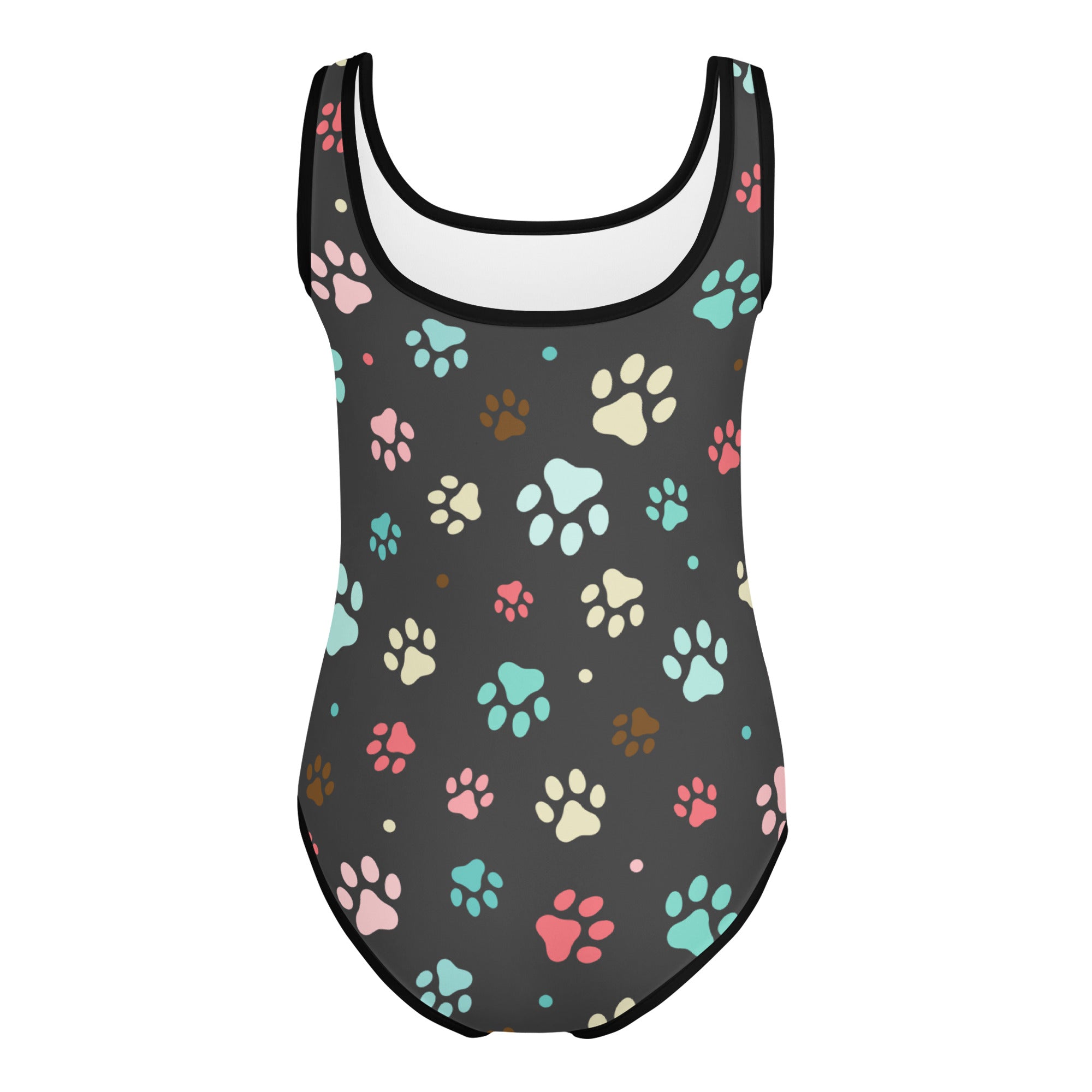 Dark gray girls one-piece swimsuit with multicolored paw prints buttery soft quick drying for dance and gymnastics
