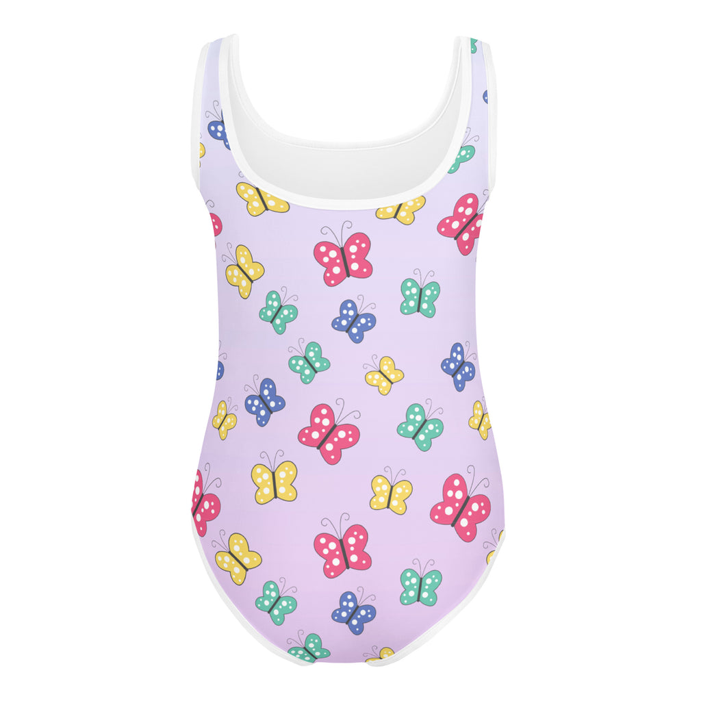 Girls colorful butterflies buttery soft lavender leotard with white trim and quick drying fabric for dance and gymnastics