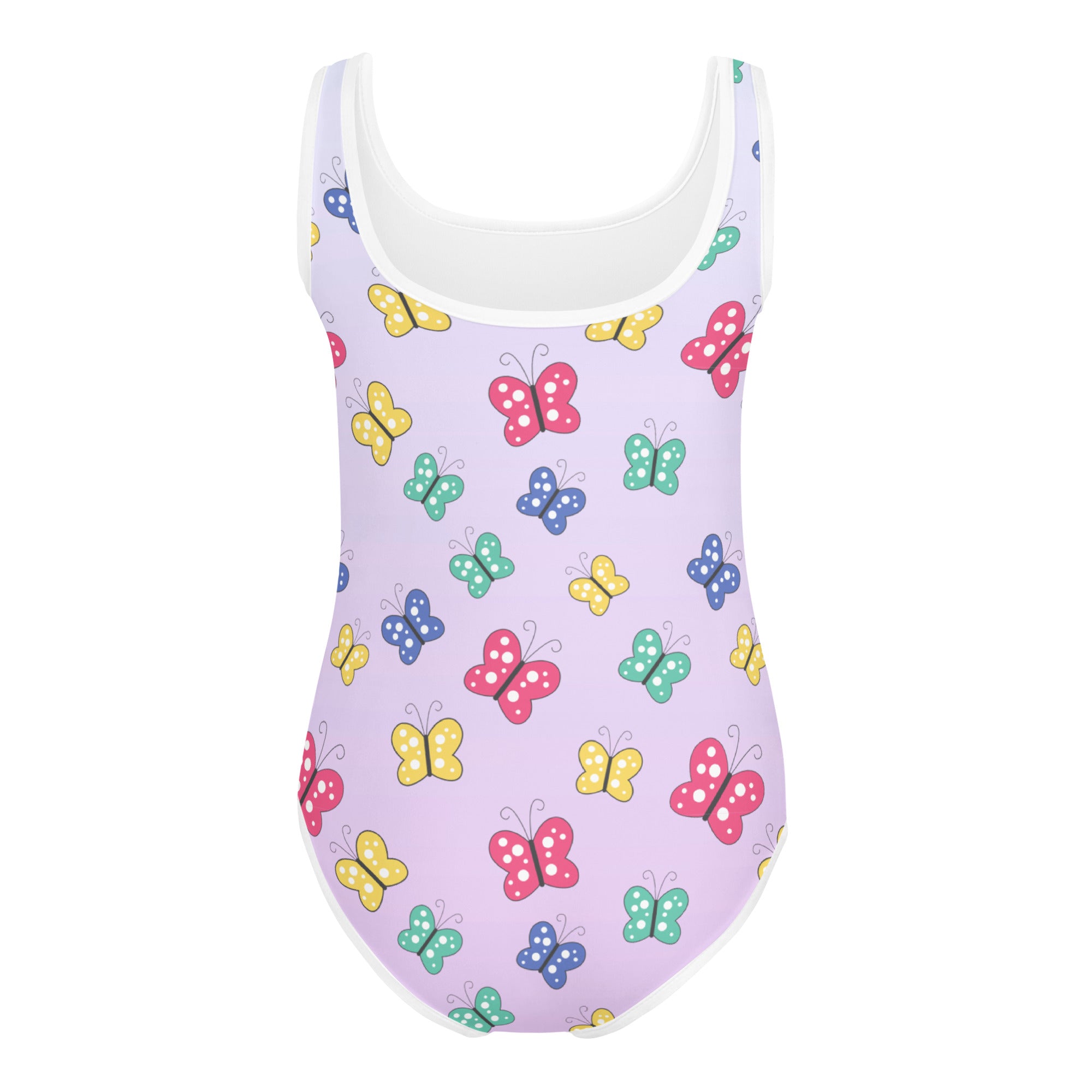 Girls colorful butterflies buttery soft lavender leotard with white trim and quick drying fabric for dance and gymnastics