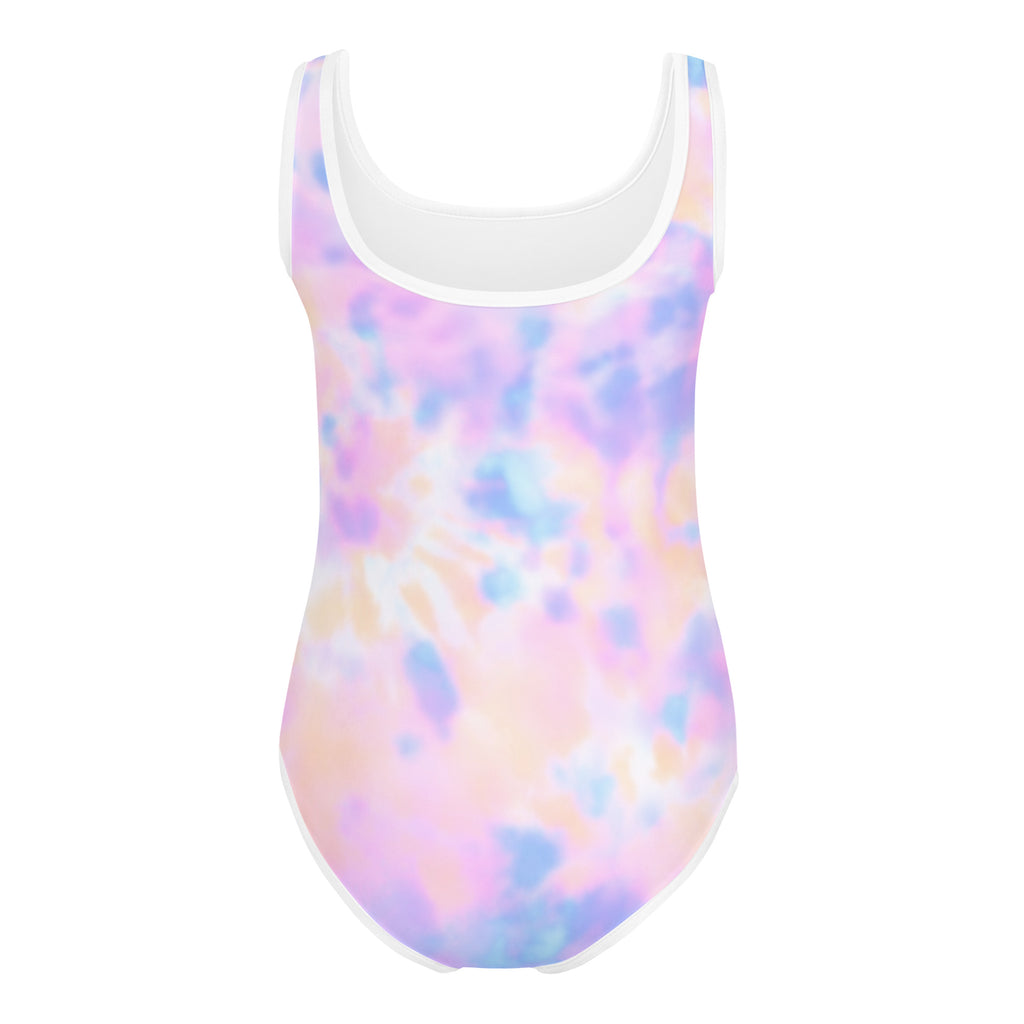 Girls pastel tie-dye one-piece swimsuit with white trim buttery soft quick drying for dance and gymnastics