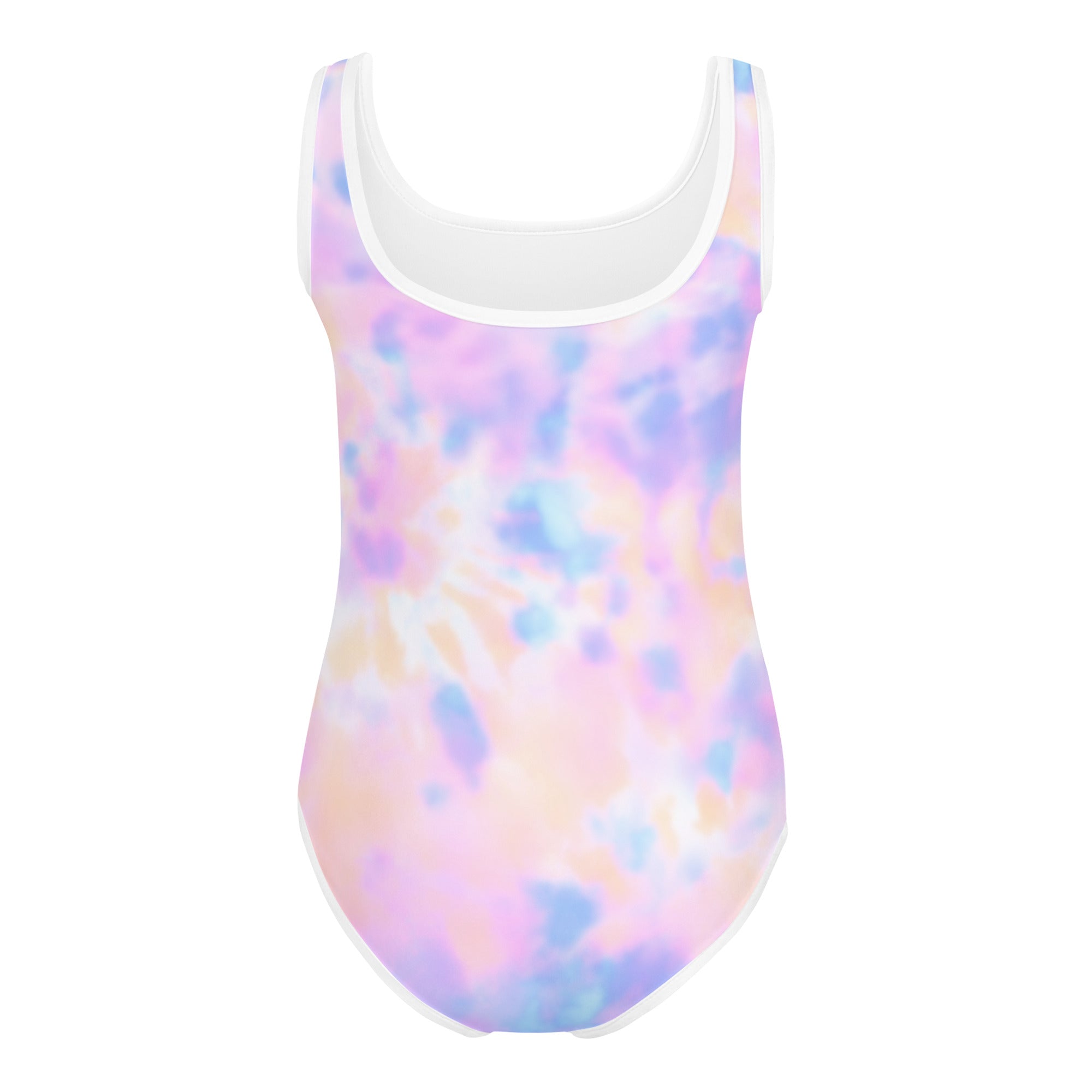 Girls pastel tie-dye one-piece swimsuit with white trim buttery soft quick drying for dance and gymnastics