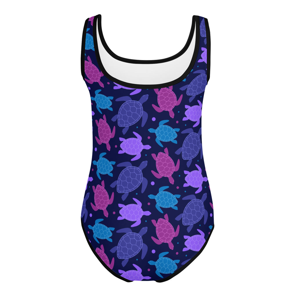 Girls purple sea turtle buttery soft navy blue one-piece swimsuit with quick drying fabric for dance and gymnastics