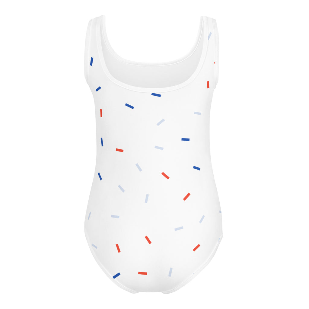 Girls red white and blue confetti usa buttery soft white one-piece swimsuit with playful confetti stripes for dance and gymnastics