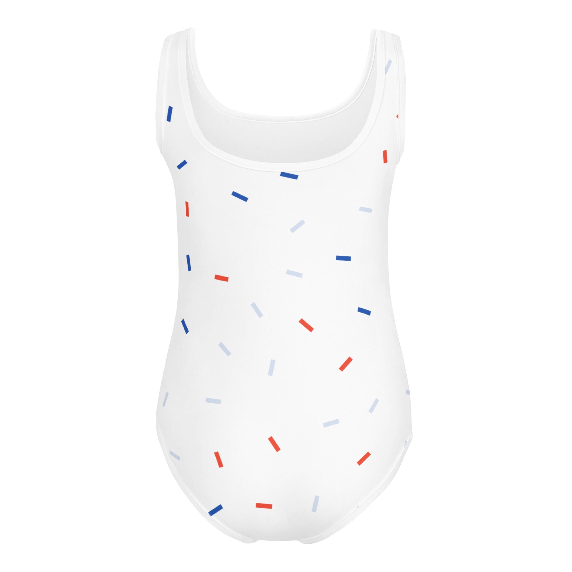 Girls red white and blue confetti usa buttery soft white one-piece swimsuit with playful confetti stripes for dance and gymnastics
