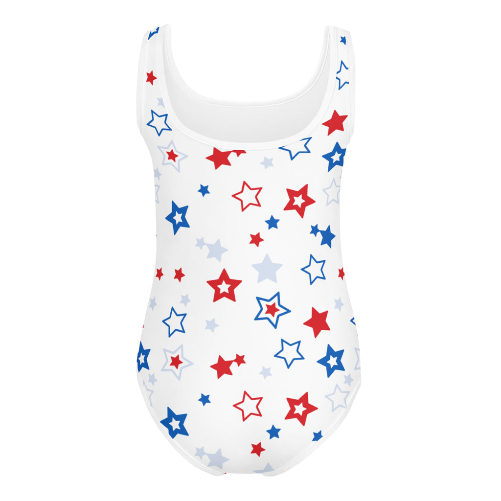 White one-piece swimsuit with red blue and gray stars buttery soft quick drying for girls dance and gymnastics