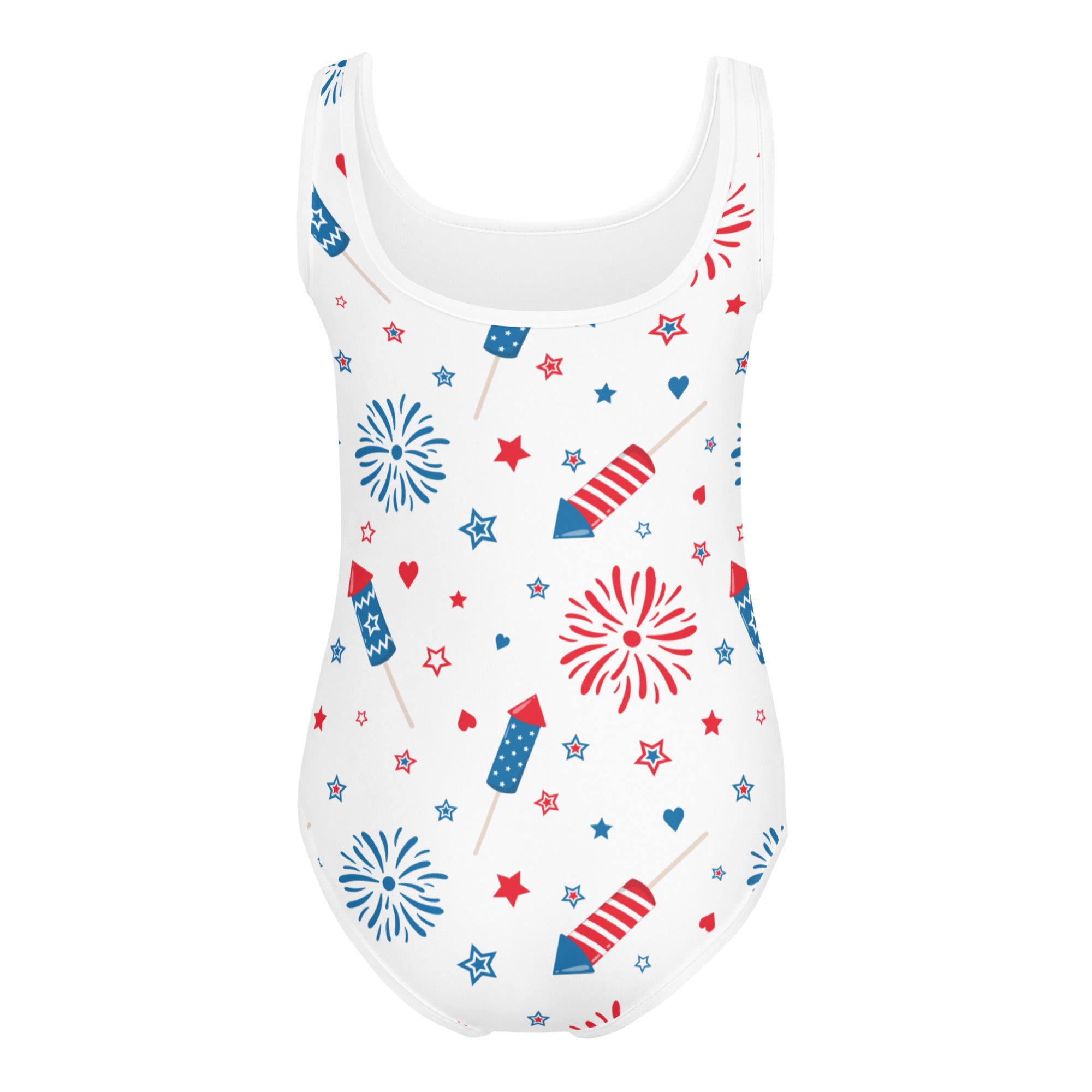 White girls patriotic fireworks and rockets buttery soft leotard with red and blue pattern for dance and gymnastics