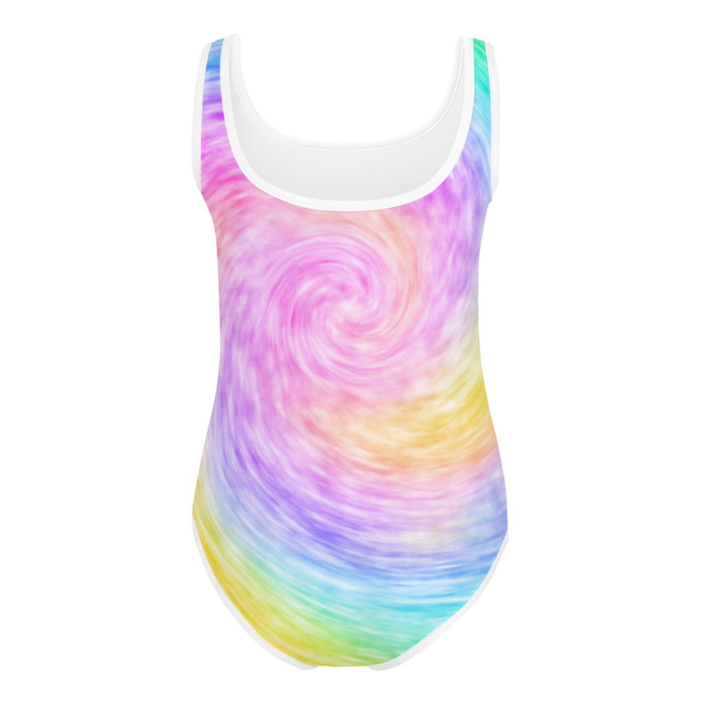 Girls birthday girl rainbow swirl tie dye leotard with white trim soft buttery fabric quick drying for dance and gymnastics