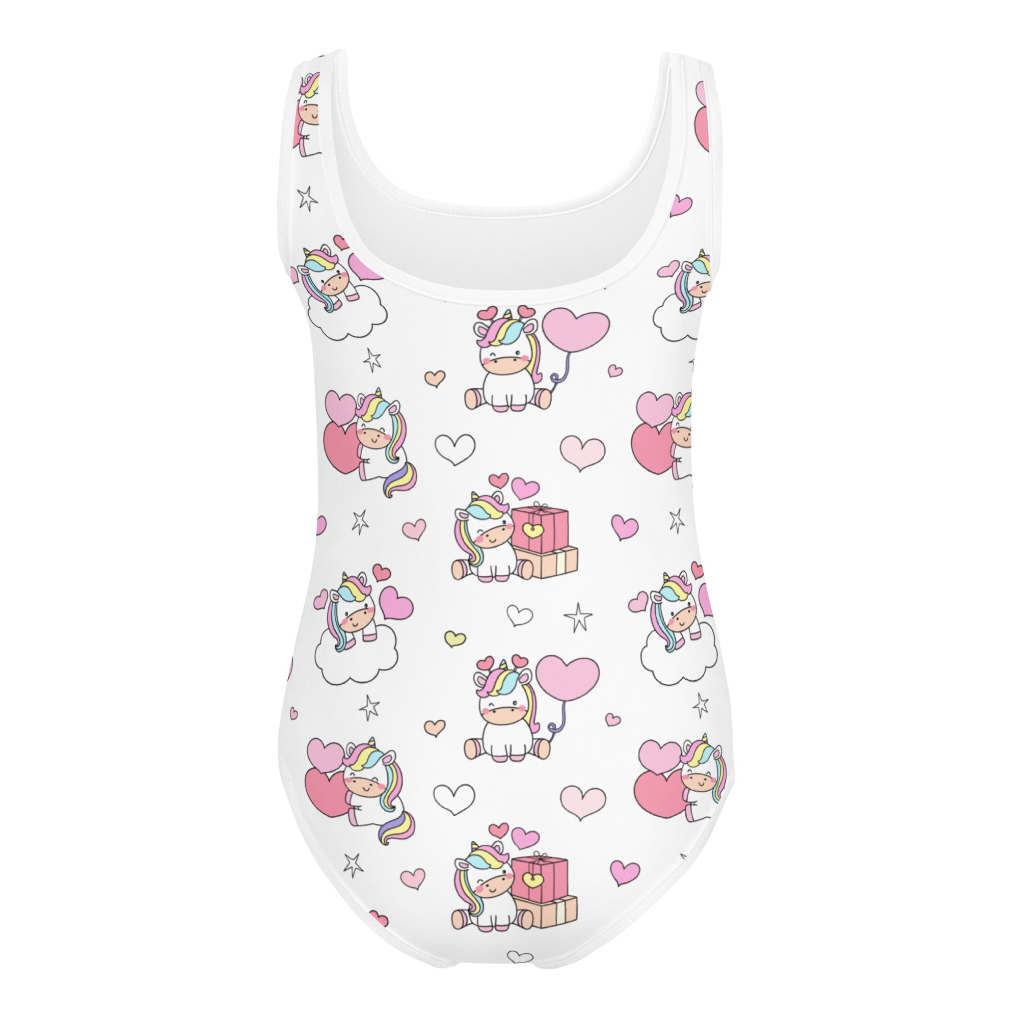 White girls unicorn birthday buttery soft quick drying leotard with playful cartoon unicorn hearts and stars pattern