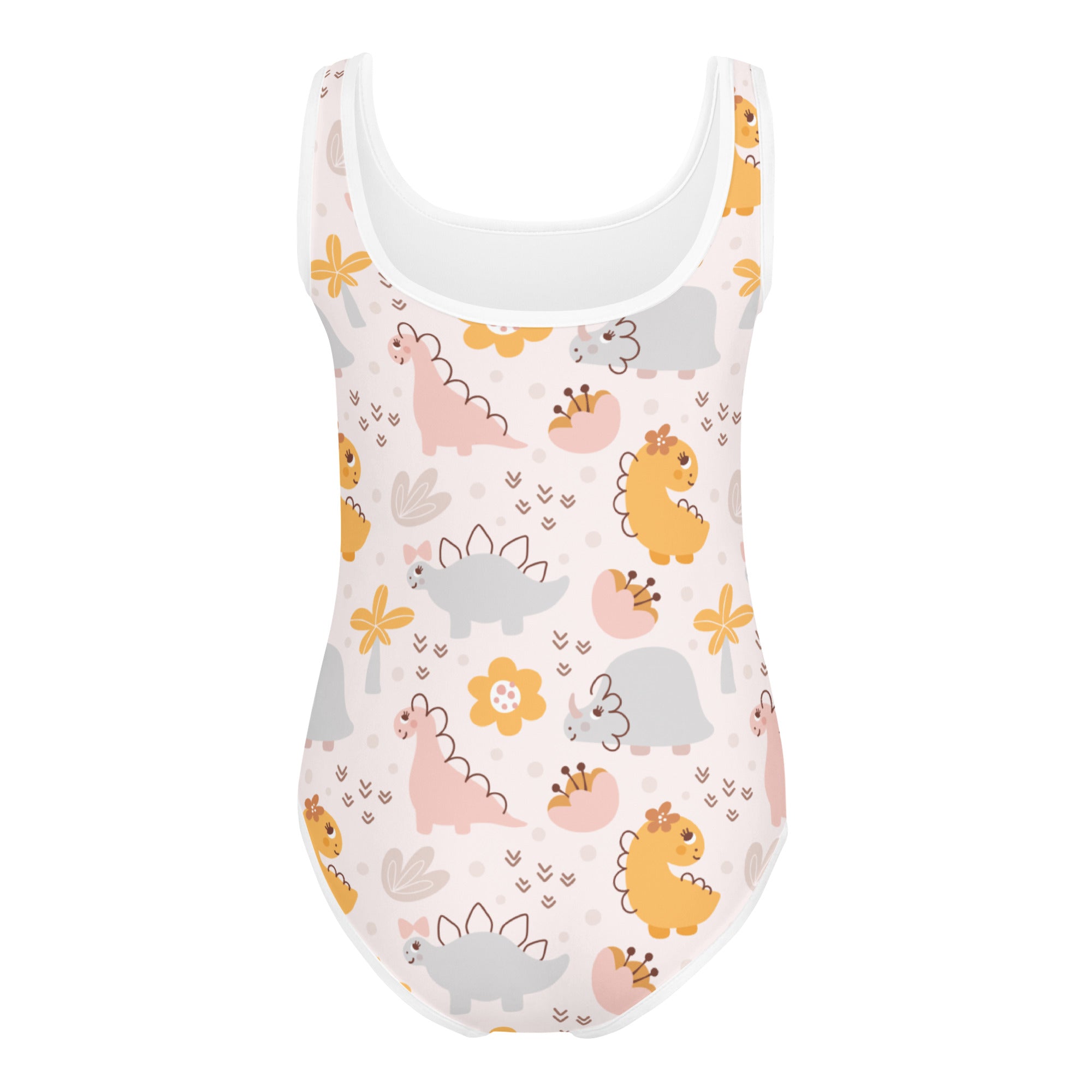Girls pastel floral dinosaur buttery soft white leotard with pink yellow and gray prints quick drying for dance and gymnastics