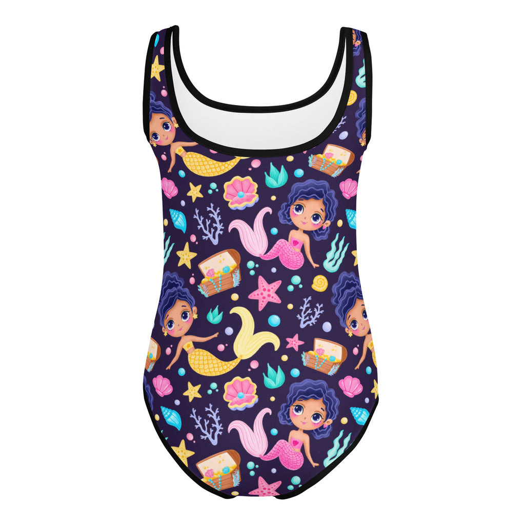 Girls magical mermaid treasure buttery soft navy blue one-piece swimsuit with colorful mermaid and seashell patterns for dance and gymnastics