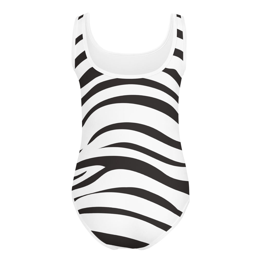 Girls zebra stripes buttery soft leotard in white with bold black zebra stripes for quick drying dance and gymnastics use