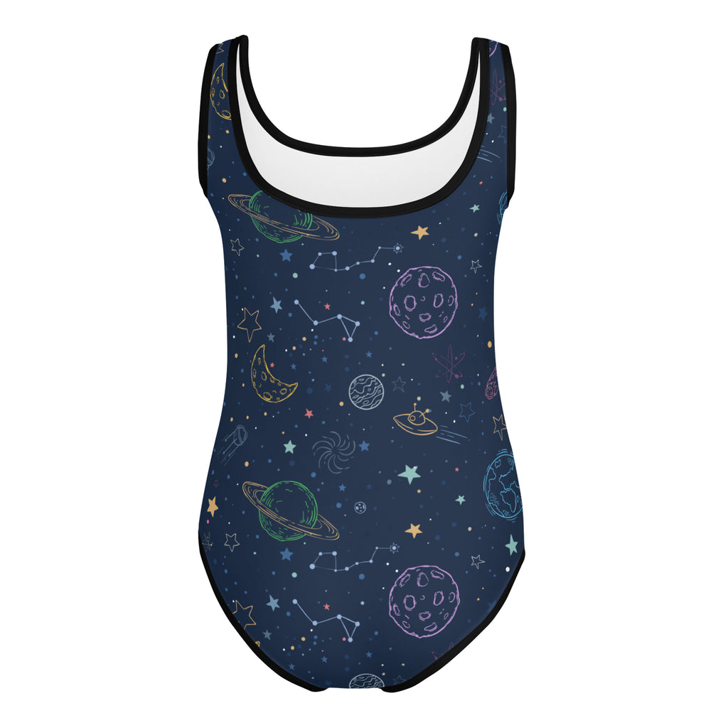 Girls galaxy space planets and constellations buttery soft navy blue leotard with black trim for dance and gymnastics