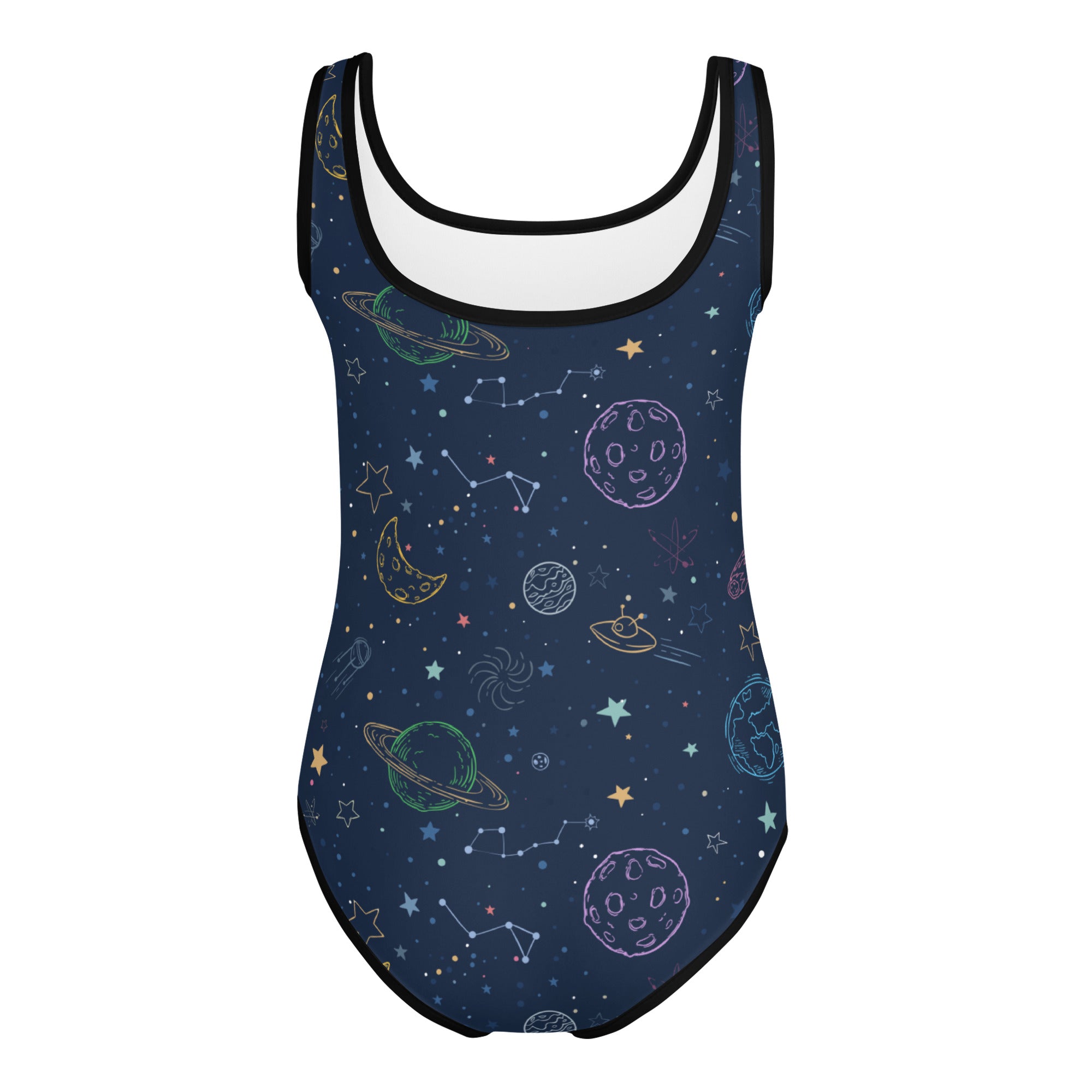 Girls galaxy space planets and constellations buttery soft navy blue leotard with black trim for dance and gymnastics