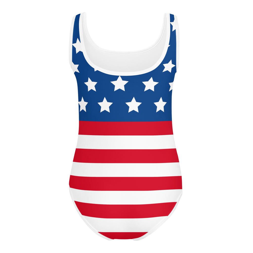 Girls American flag buttery soft one-piece swimsuit with white stars on blue and red stripes for dance and gymnastics