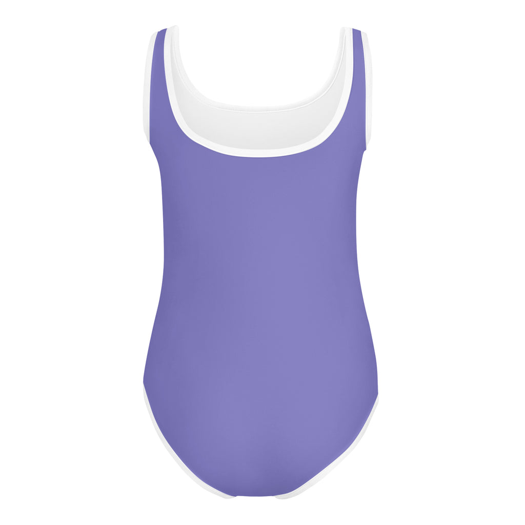 Girls purple buttery soft leotard with white scoop neckline and trim designed for quick drying in dance and gymnastics