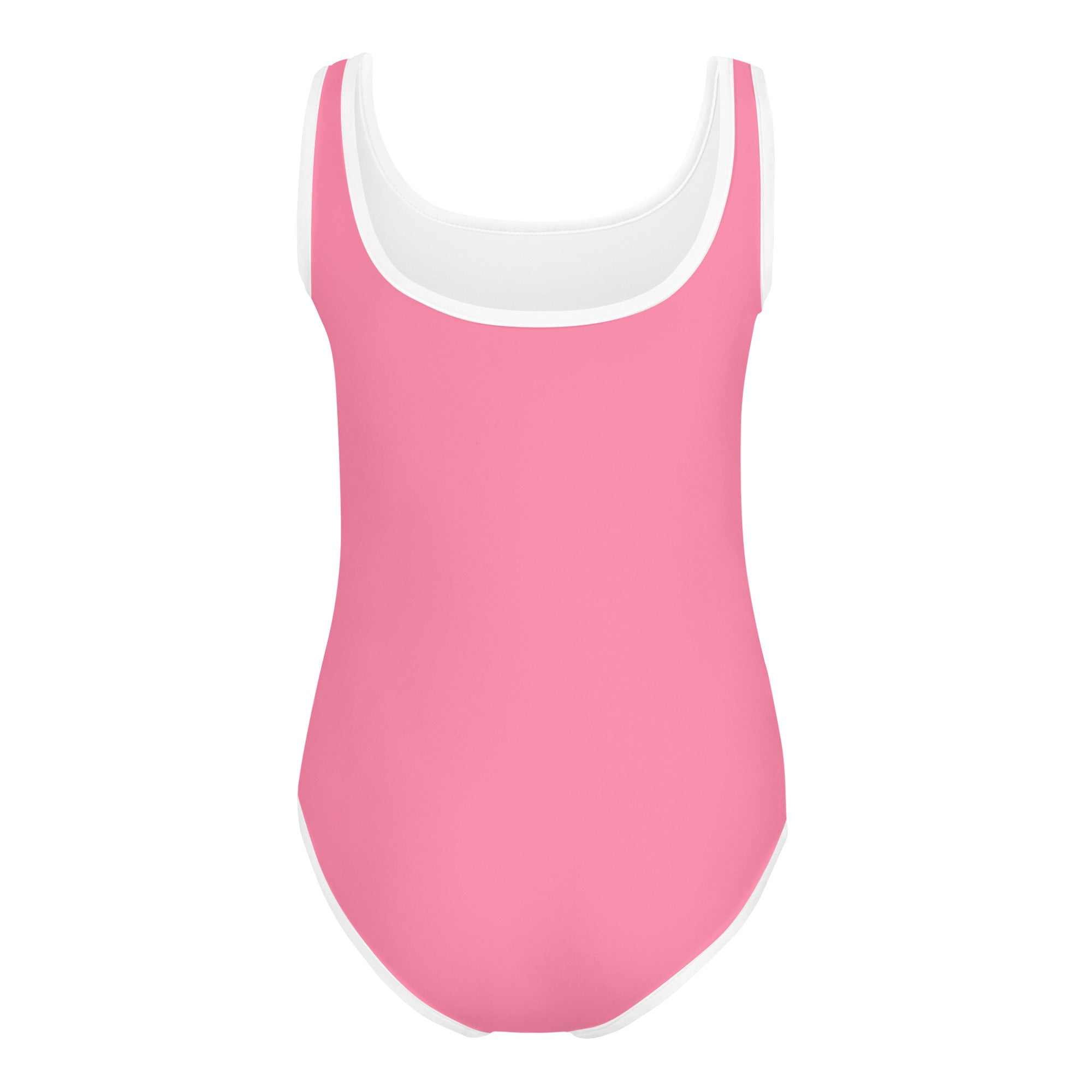 Girls pink buttery soft leotard with white trim quick drying for dance and gymnastics in a one-piece swimsuit style