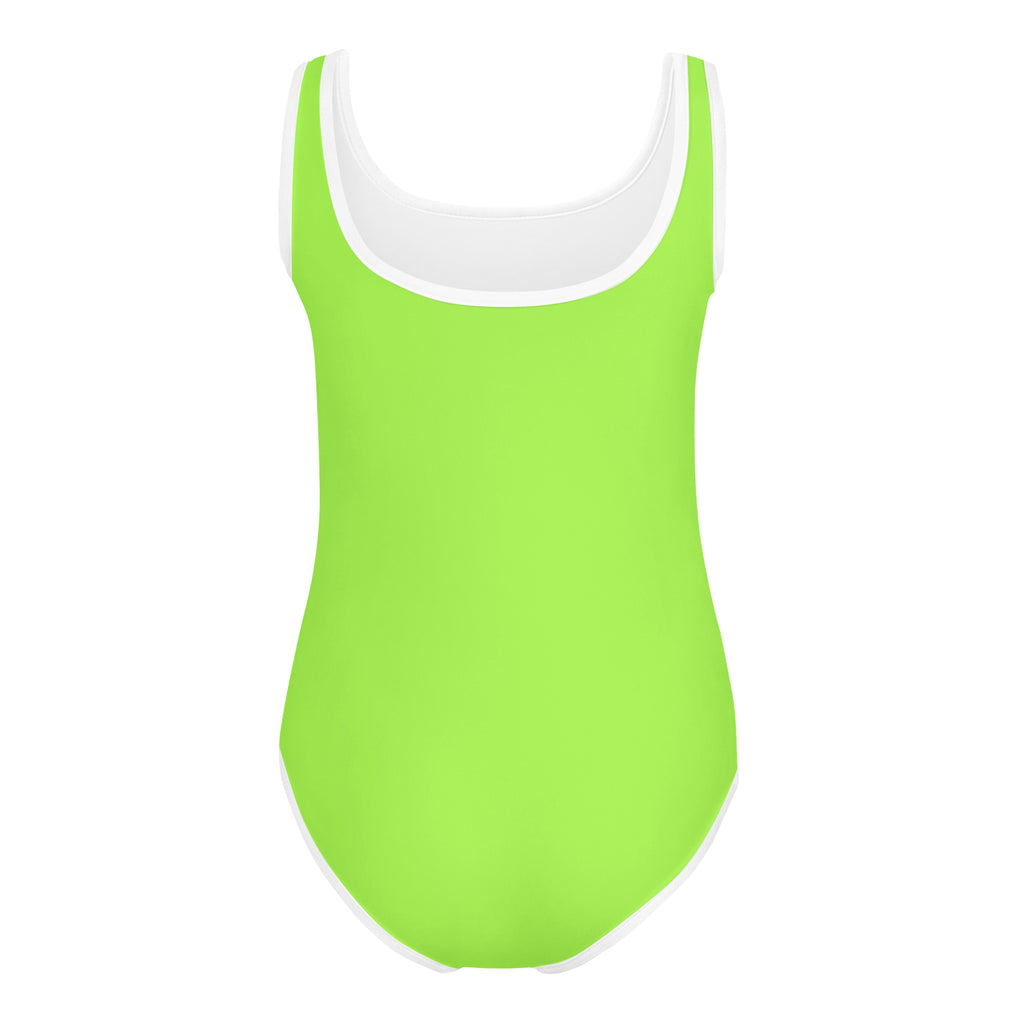 Girls lime green buttery soft one-piece swimsuit with white trim quick drying for dance and gymnastics use