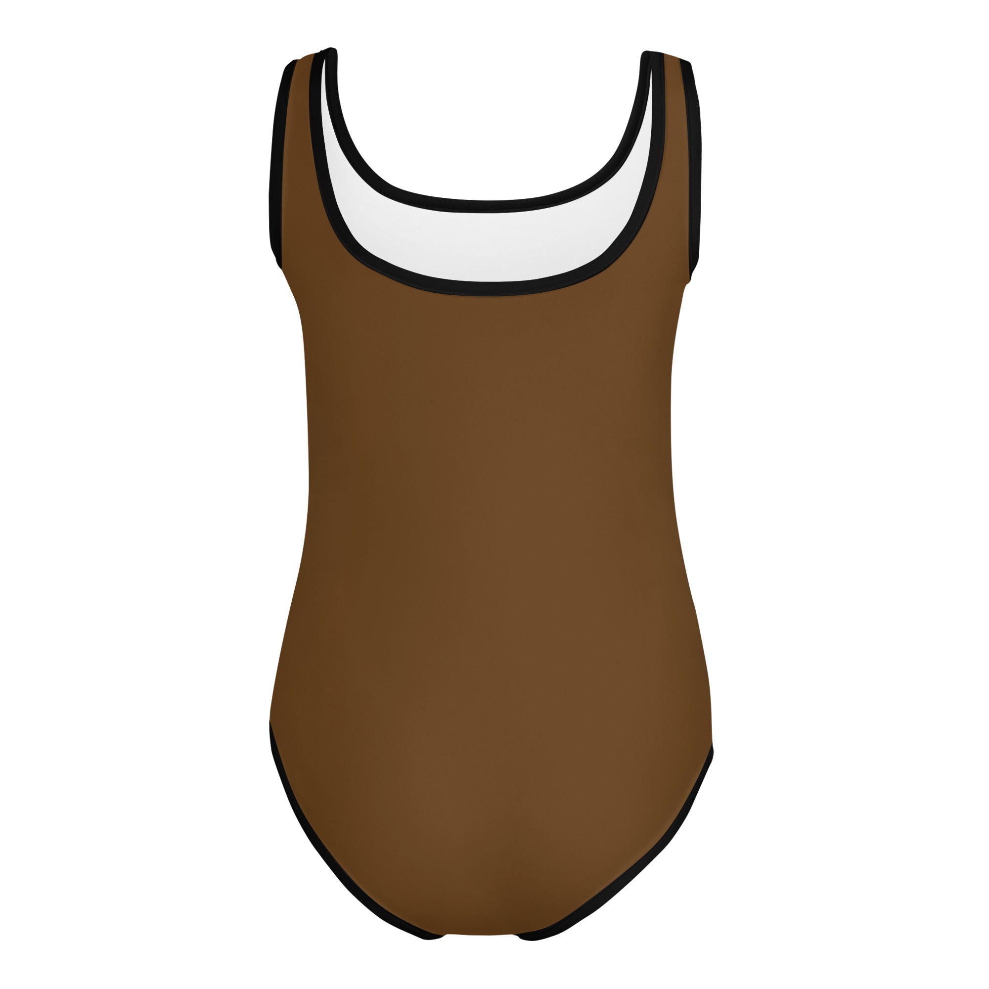 Girls brown buttery soft one-piece swimsuit with white lining and black trim designed for dance and gymnastics