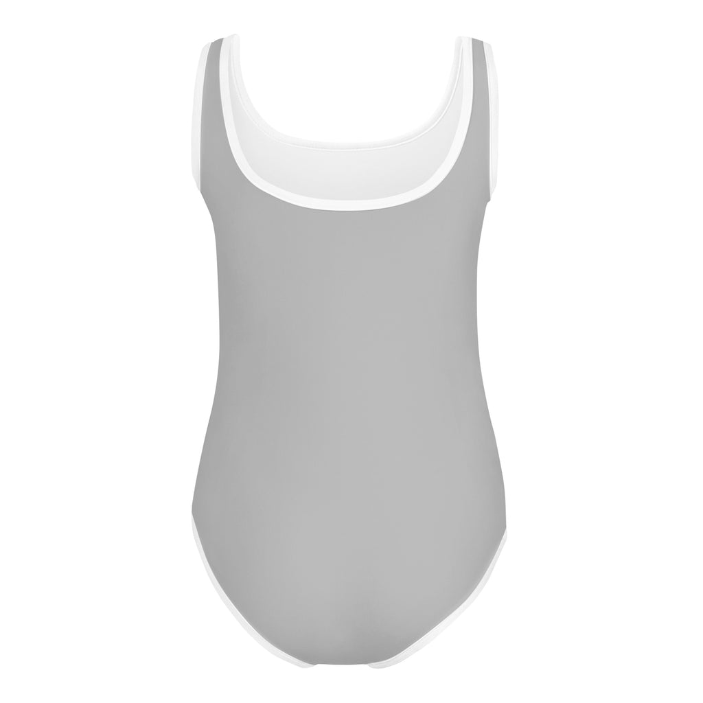 Girls gray buttery soft quick drying leotard with white trim for dance and gymnastics in a one-piece design