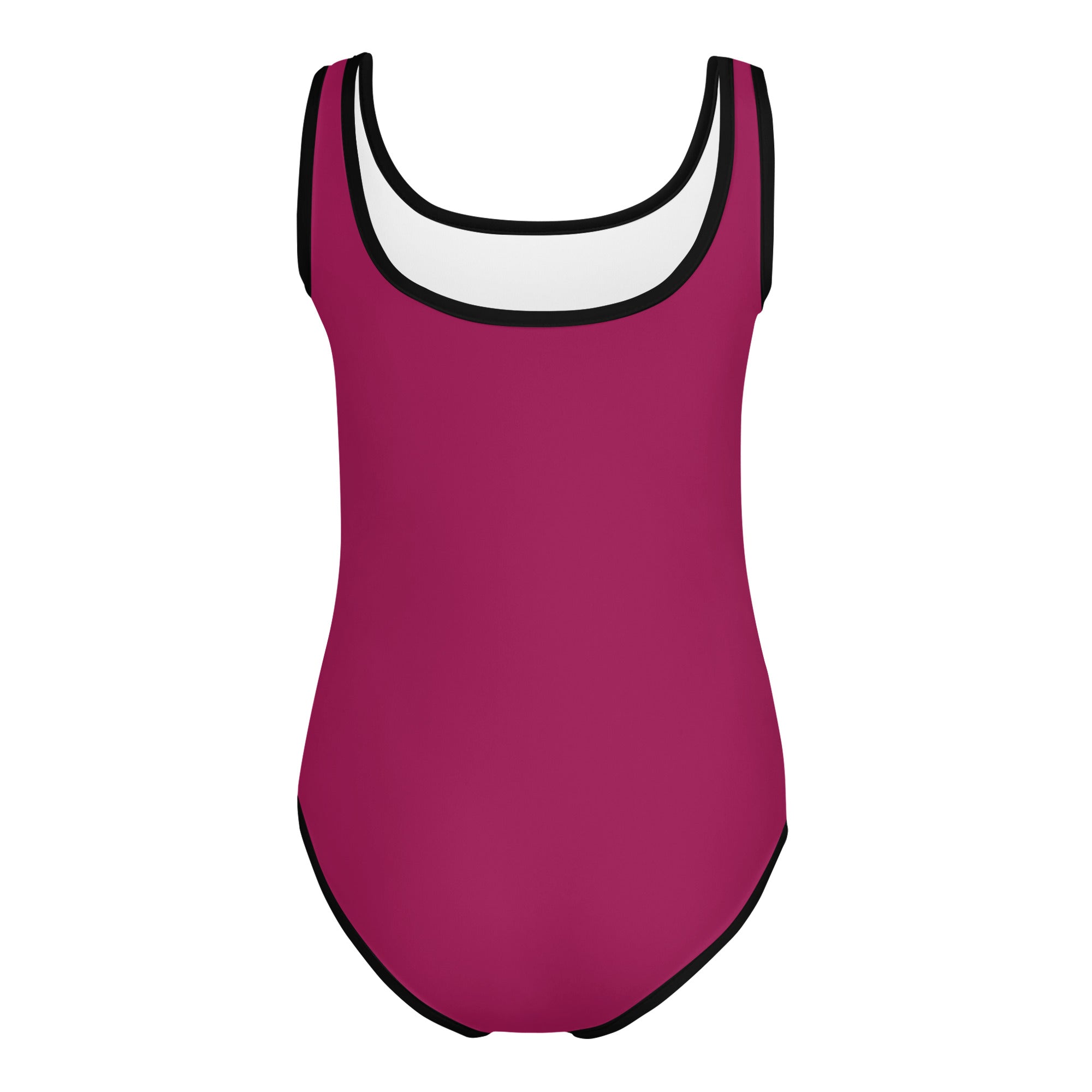 Girls berry pink buttery soft one-piece leotard with white lining and black trim for dance and gymnastics